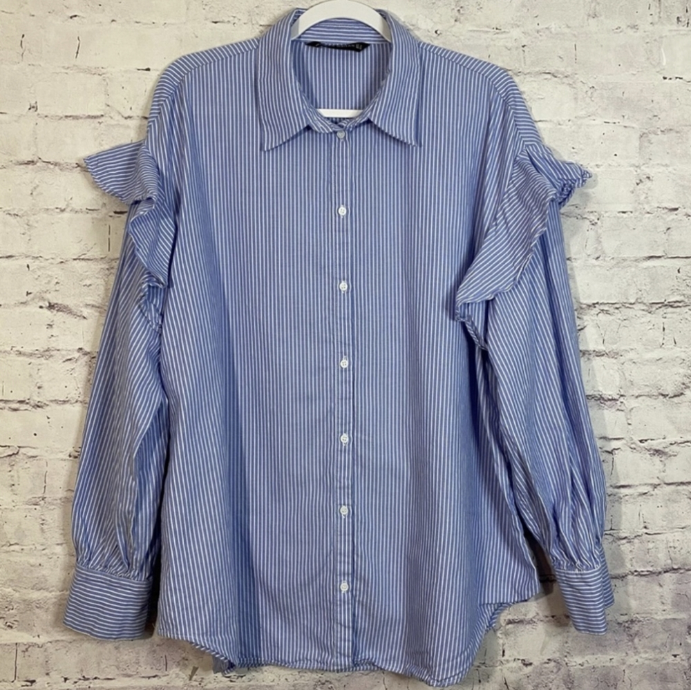 Zara Woman Stripe Ruffle Oversized Button Down Size XL